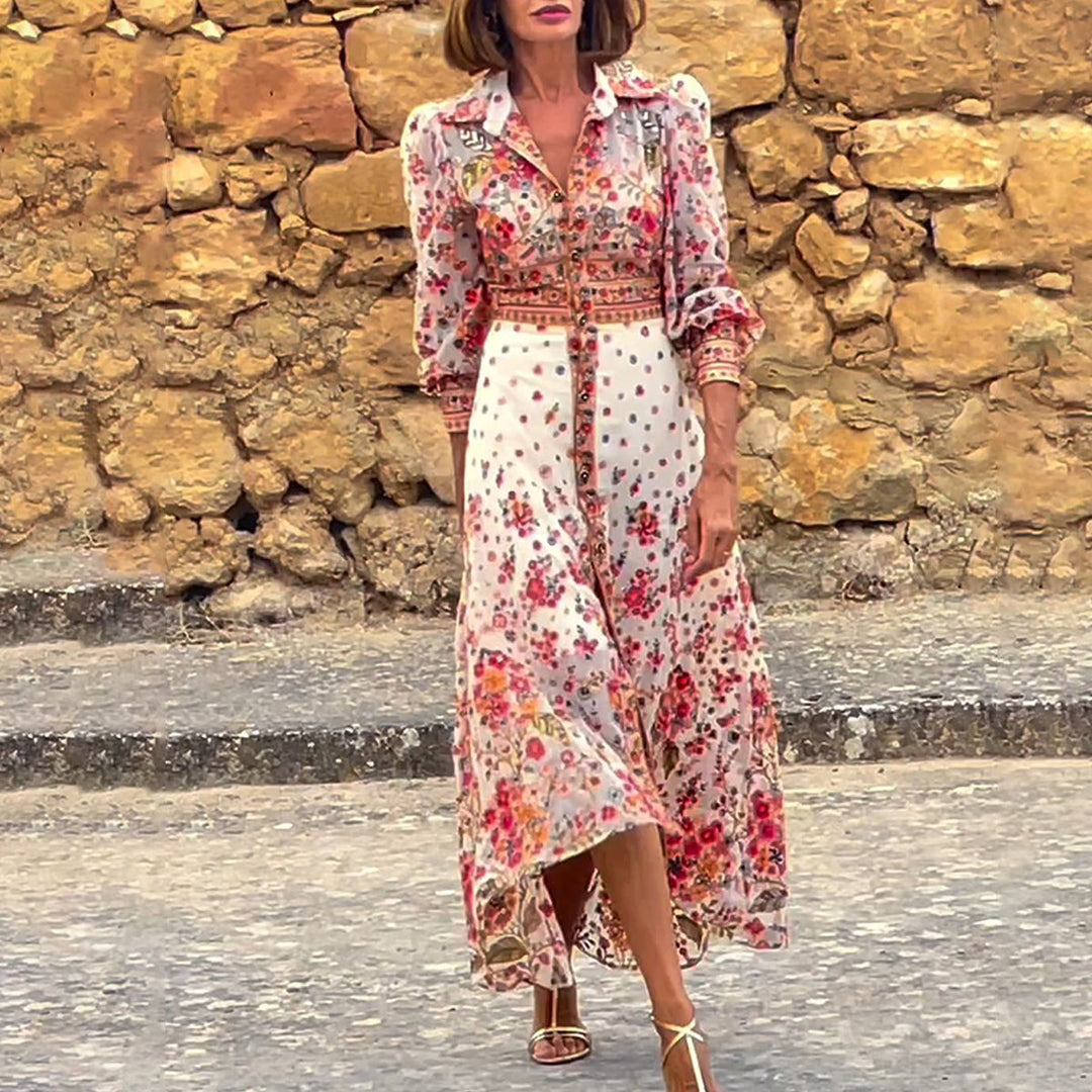 SYLVIANE -STYLISH FULL-LENGTH FLORAL DRESS WITH COLLAR