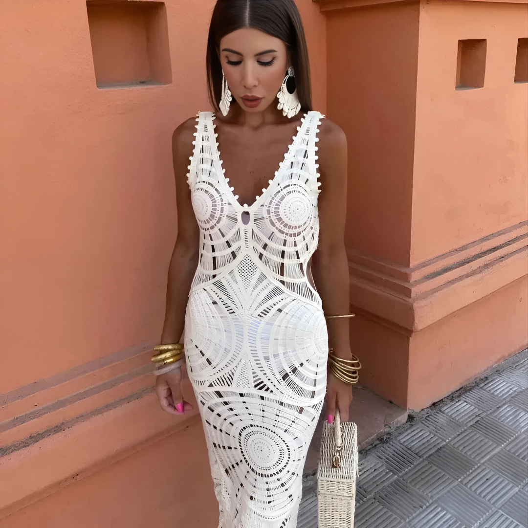 Abigail - Bohemian White Crochet Midi Dress