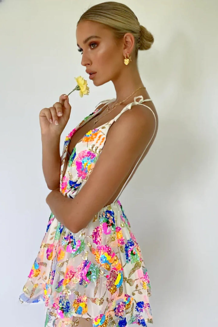 Zephyr - Backless Sequin Floral Strappy Mini Dress