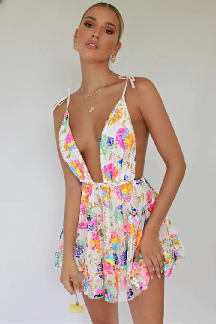 Zephyr - Backless Sequin Floral Strappy Mini Dress