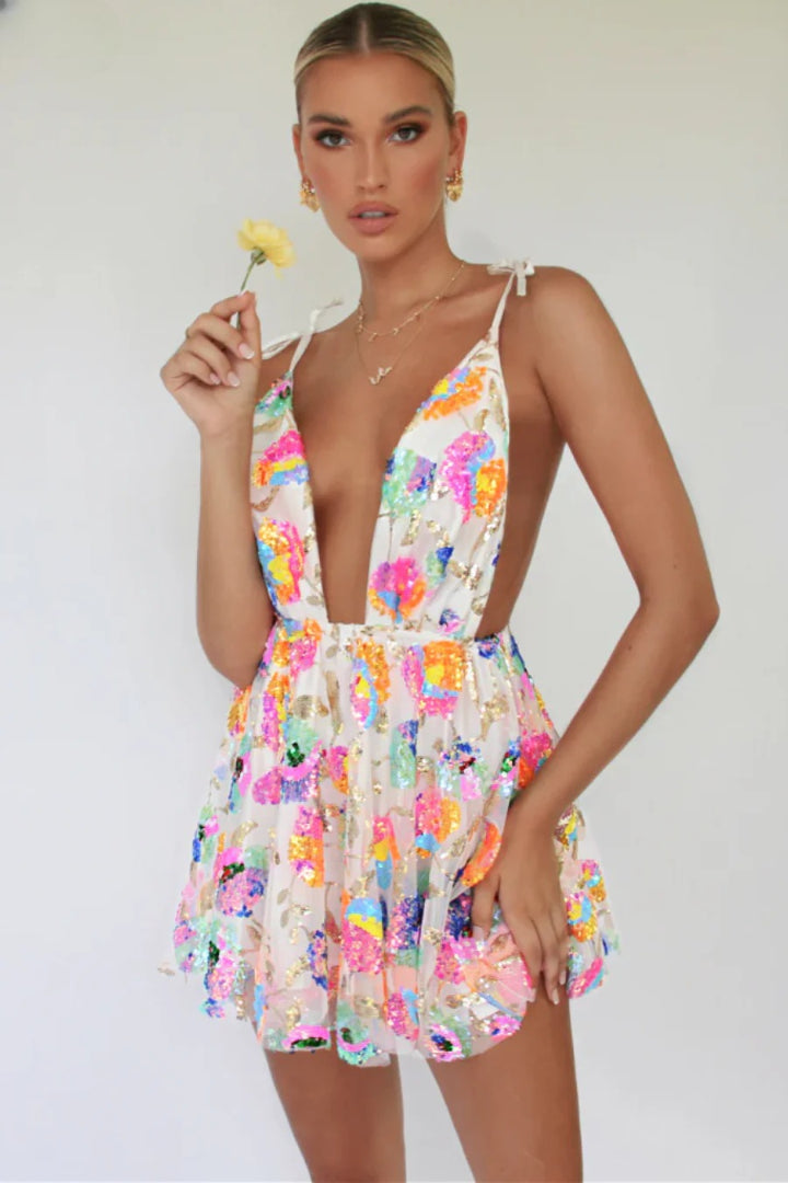 Zephyr - Backless Sequin Floral Strappy Mini Dress