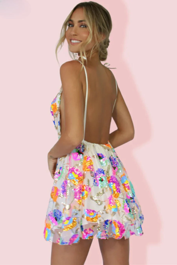 Zephyr - Backless Sequin Floral Strappy Mini Dress