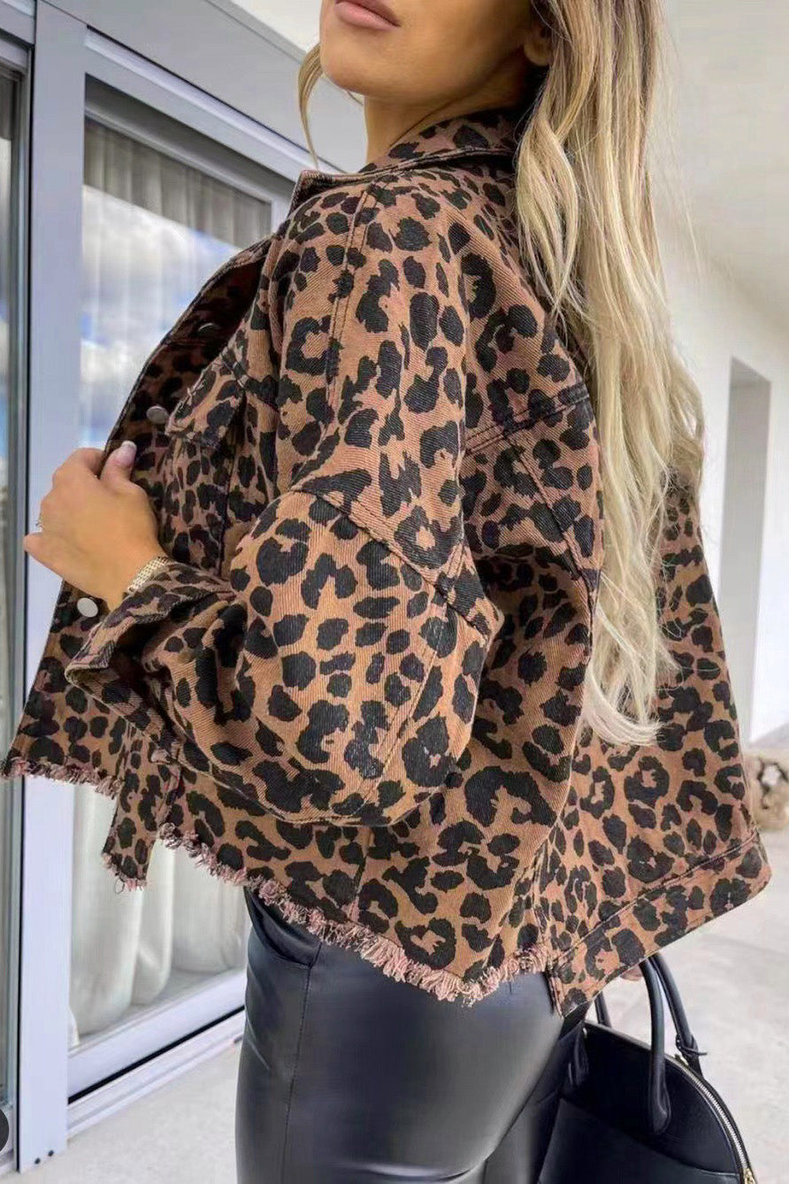 Laila | Leopard Raw Hem Denim Jacket
