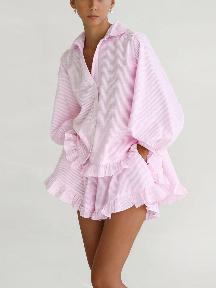 TREASURE - STRIPED RUFFLED SHORT COORDINATE SET