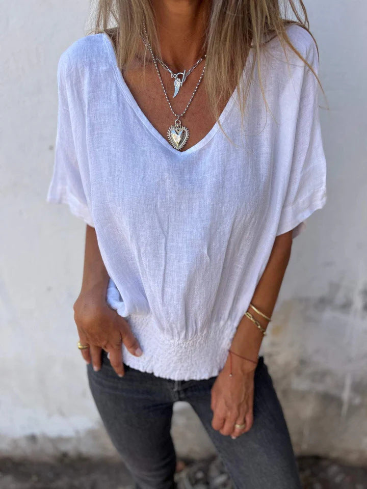 NIXIE - BREEZY RELAXED V-NECK COTTON LINEN TOP