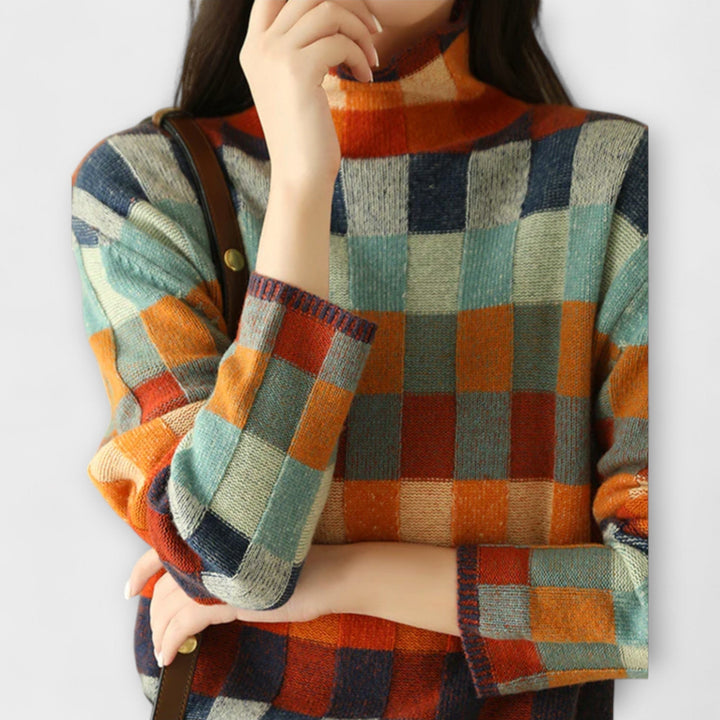 MATILDA - PLAID TEXTURE NECK HIGH SWEATER