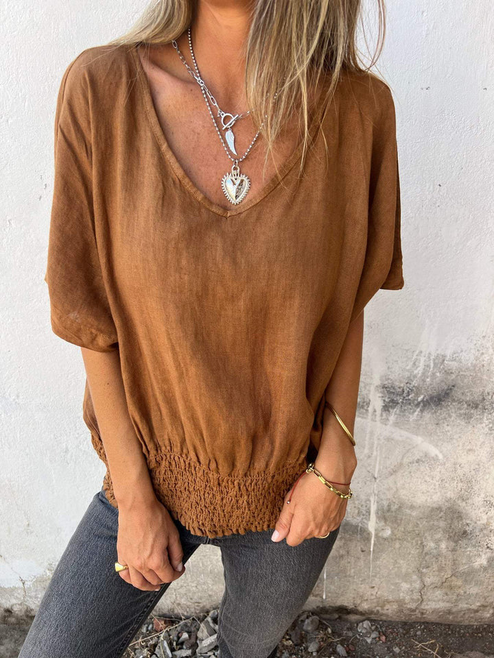 NIXIE - BREEZY RELAXED V-NECK COTTON LINEN TOP