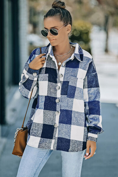 Kath | Plaid Button Up Dropped Shoulder Jacket