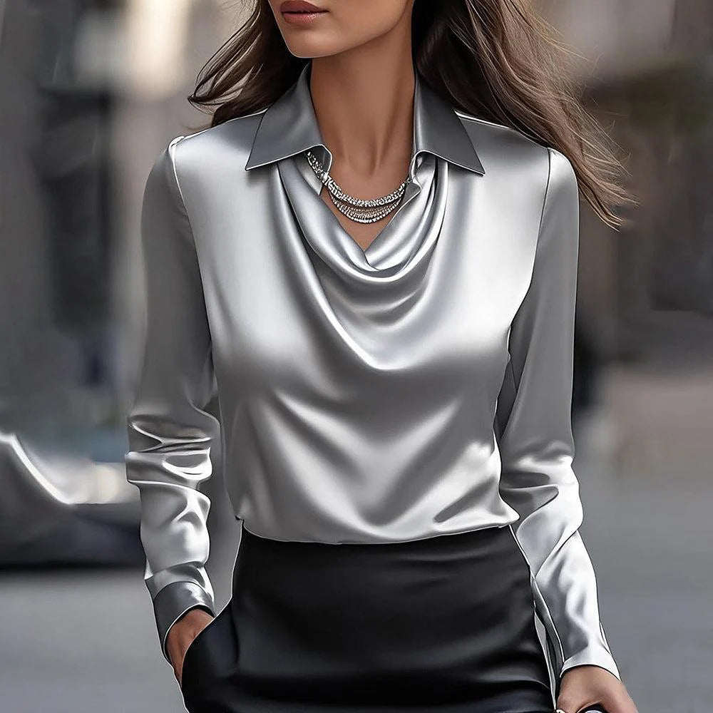 Noelle™ - SHINY BLOUSE WITH PLEATED NECK