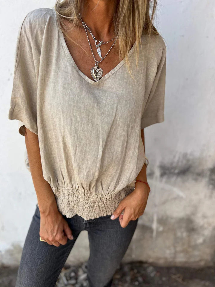 NIXIE - BREEZY RELAXED V-NECK COTTON LINEN TOP