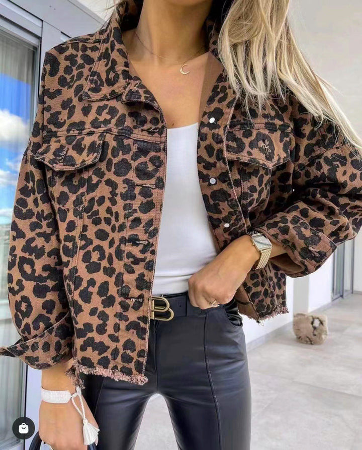 Laila | Leopard Raw Hem Denim Jacket