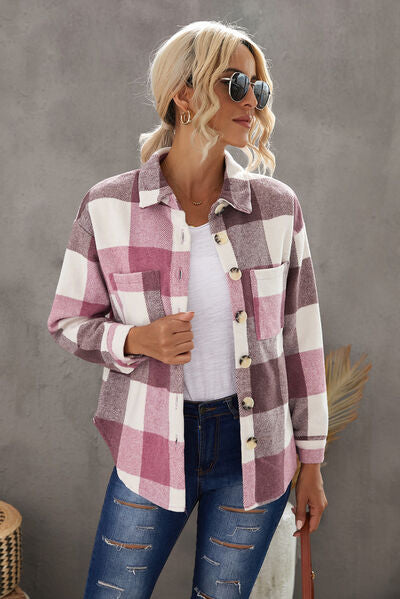 Kath | Plaid Button Up Dropped Shoulder Jacket