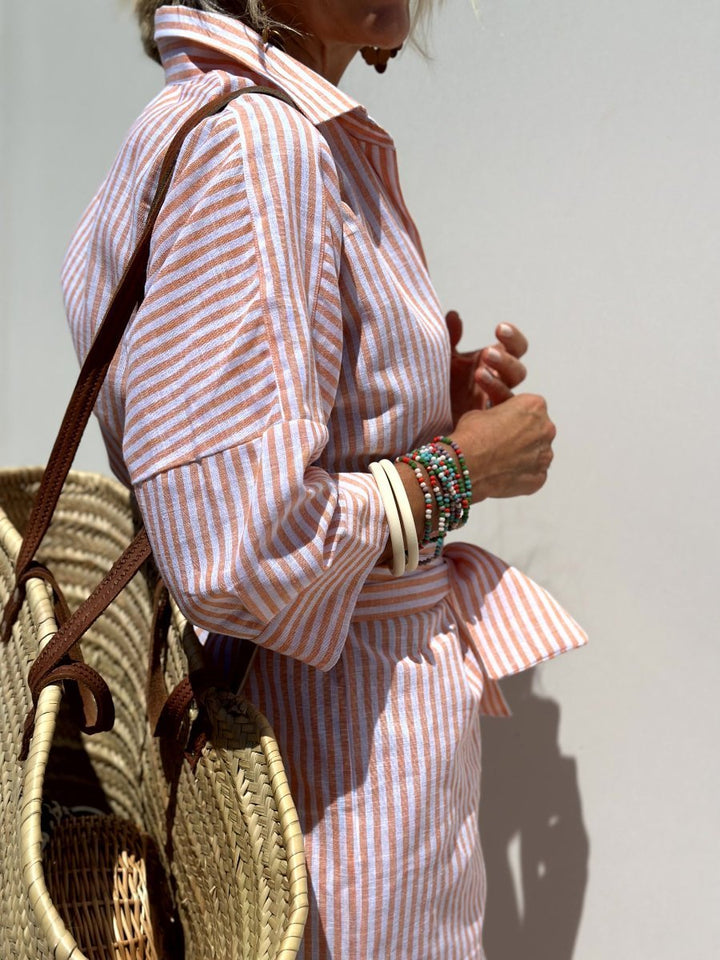 lusailstore -  Classic Striped Lace-Up Shirt Dress