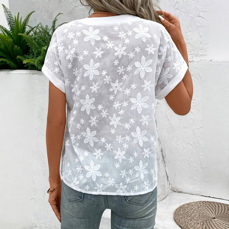 Aliva™ - EMBROIDERED FLOWER RELAXED FIT BLOUSE