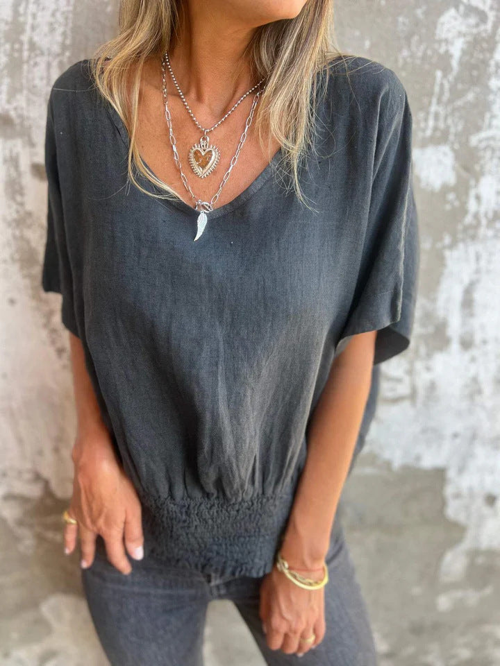 NIXIE - BREEZY RELAXED V-NECK COTTON LINEN TOP