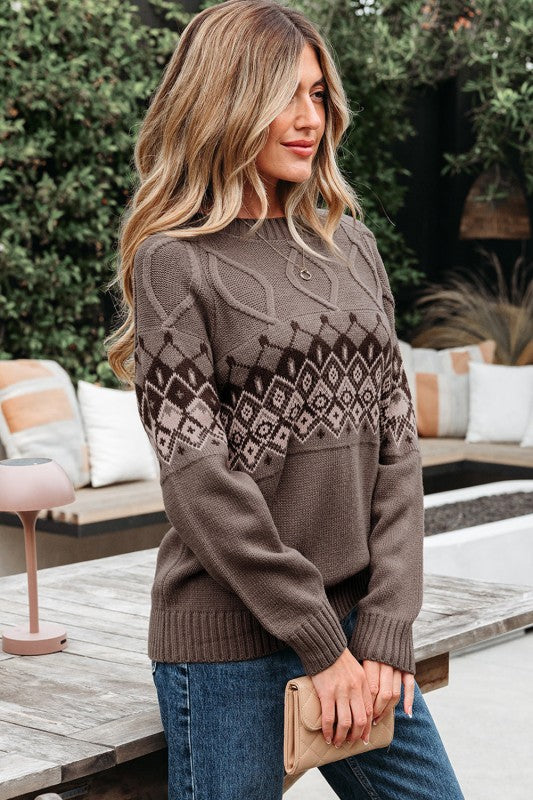 Alana | Western Geometric Crew Neck Knitted Sweater