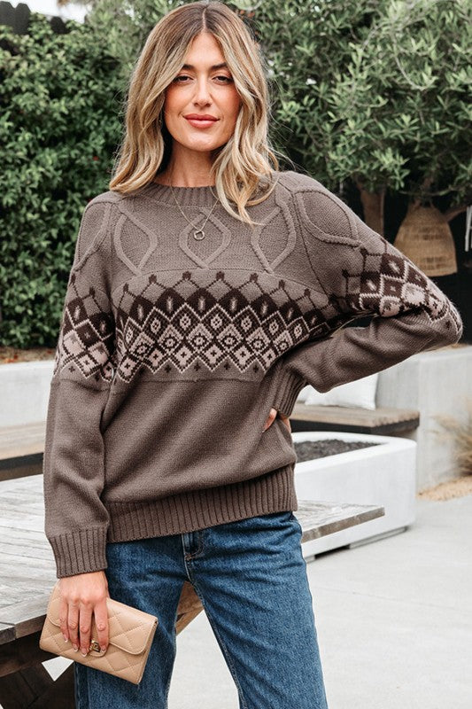 Alana | Western Geometric Crew Neck Knitted Sweater
