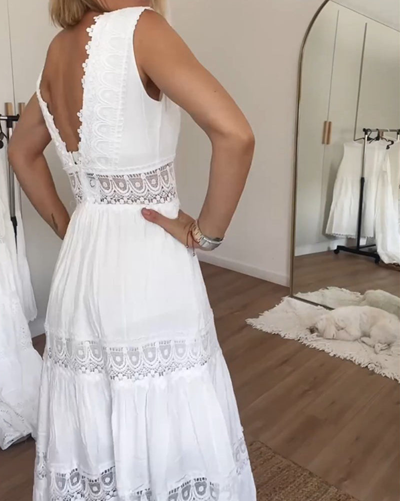 LOISA - LACE TRIMMED V NECK DRESS