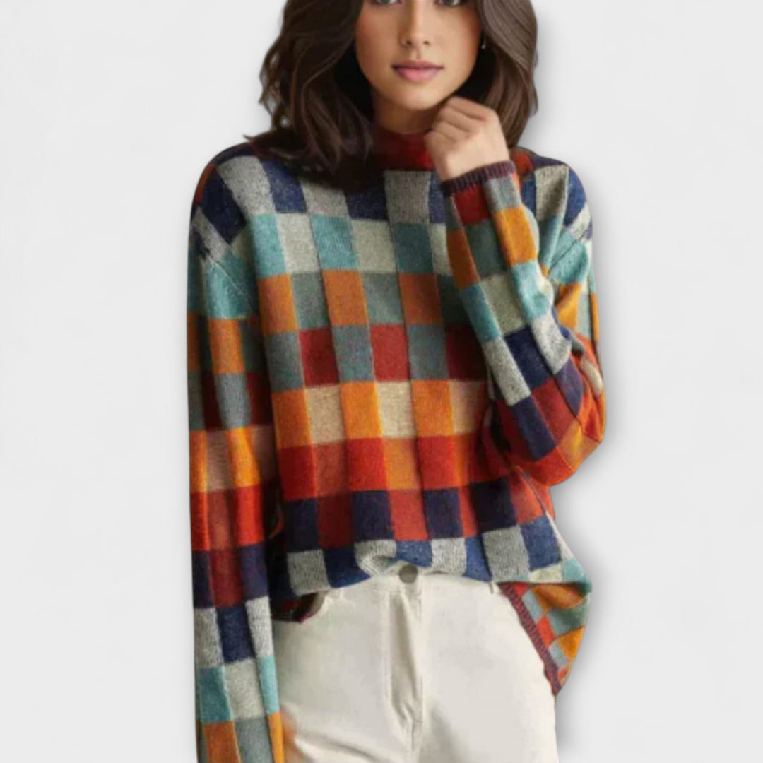 MATILDA - PLAID TEXTURE NECK HIGH SWEATER