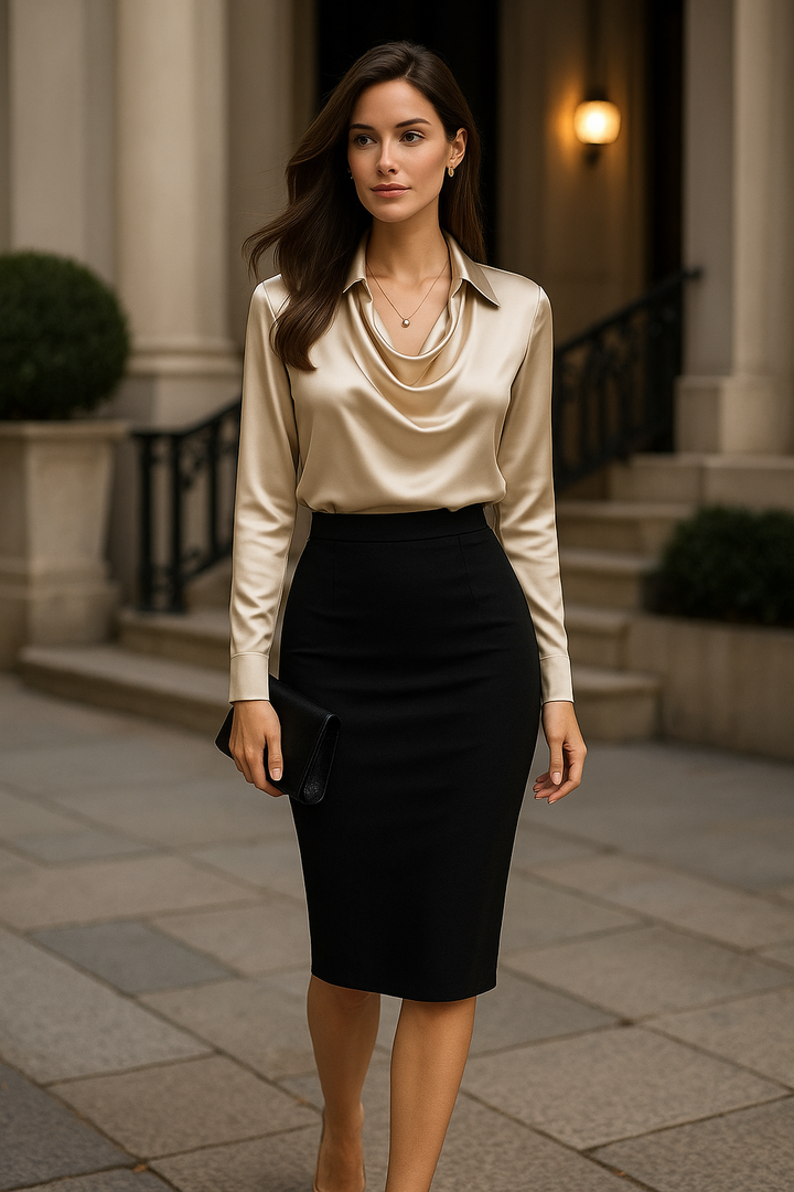 Noelle™ - SHINY BLOUSE WITH PLEATED NECK