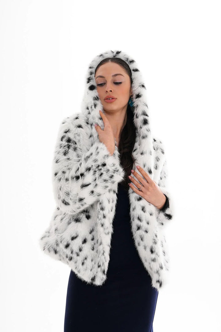 Mia | Leopard Hooded Faux Fur Coat – White
