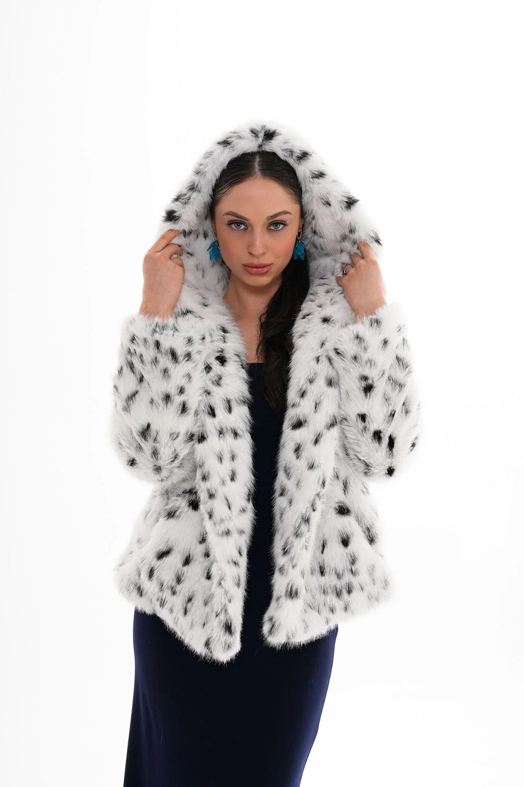 Mia | Leopard Hooded Faux Fur Coat – White