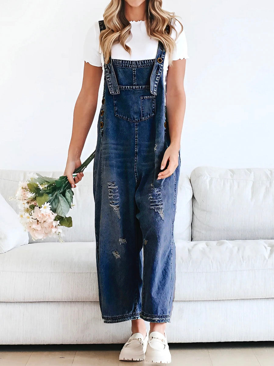 CALI - RELAXED DISTRESSED DENIM JUMPSUIT
