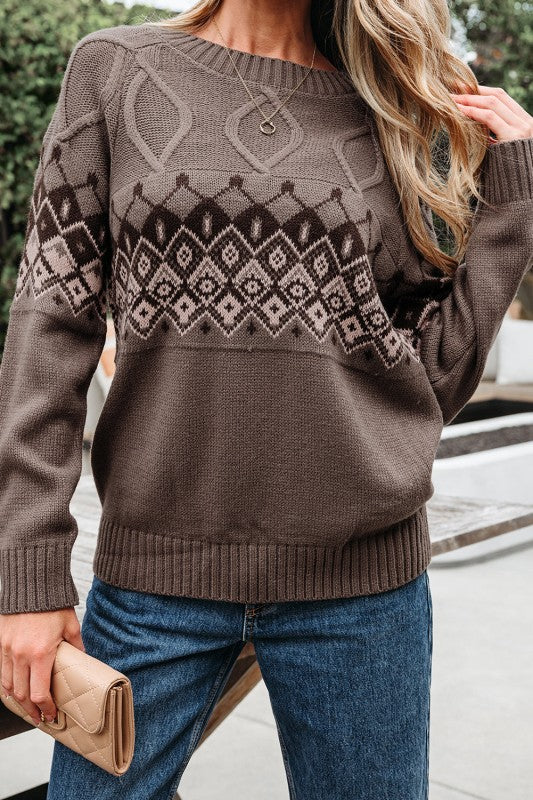 Alana | Western Geometric Crew Neck Knitted Sweater