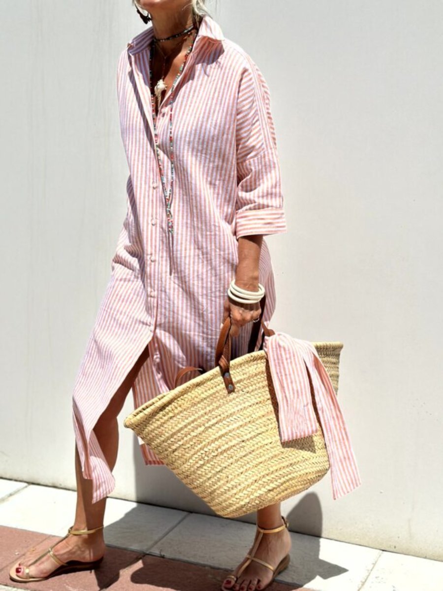 lusailstore -  Classic Striped Lace-Up Shirt Dress