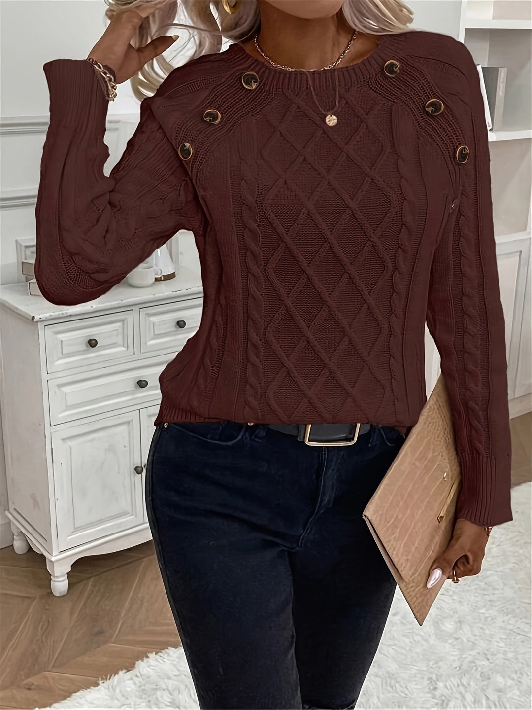 Evy | Plain Knitted Cable Sweater Round Neck