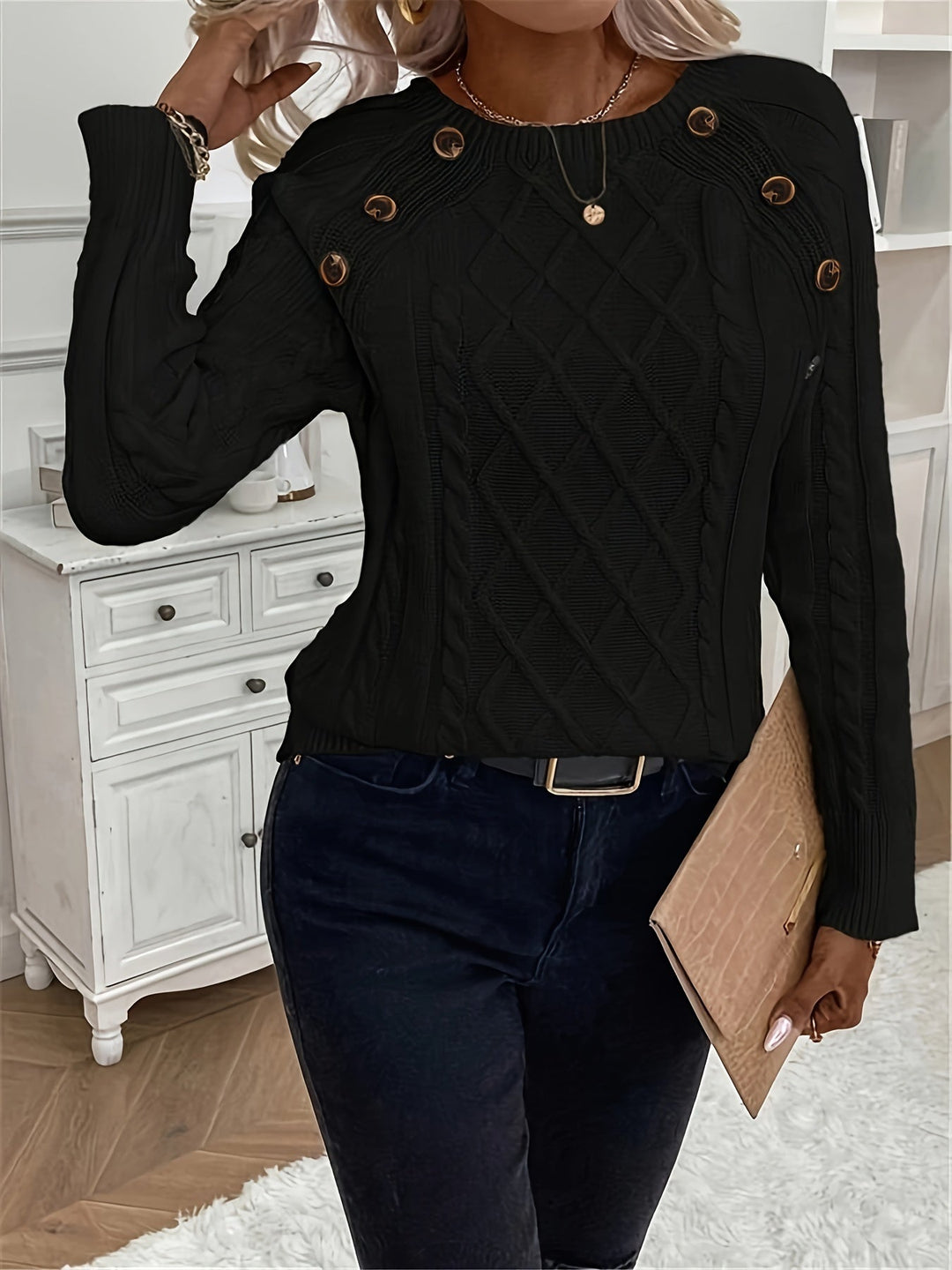 Evy | Plain Knitted Cable Sweater Round Neck
