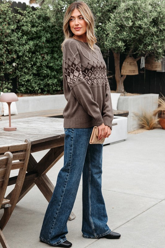 Alana | Western Geometric Crew Neck Knitted Sweater