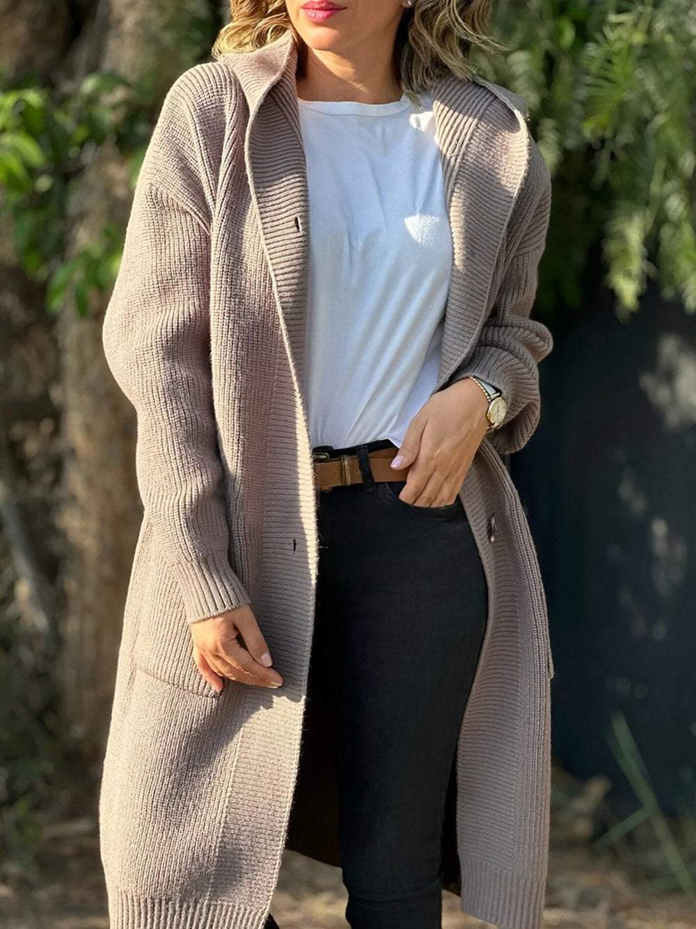 VENA - CREAM KNITTED COAT WITH HOOD