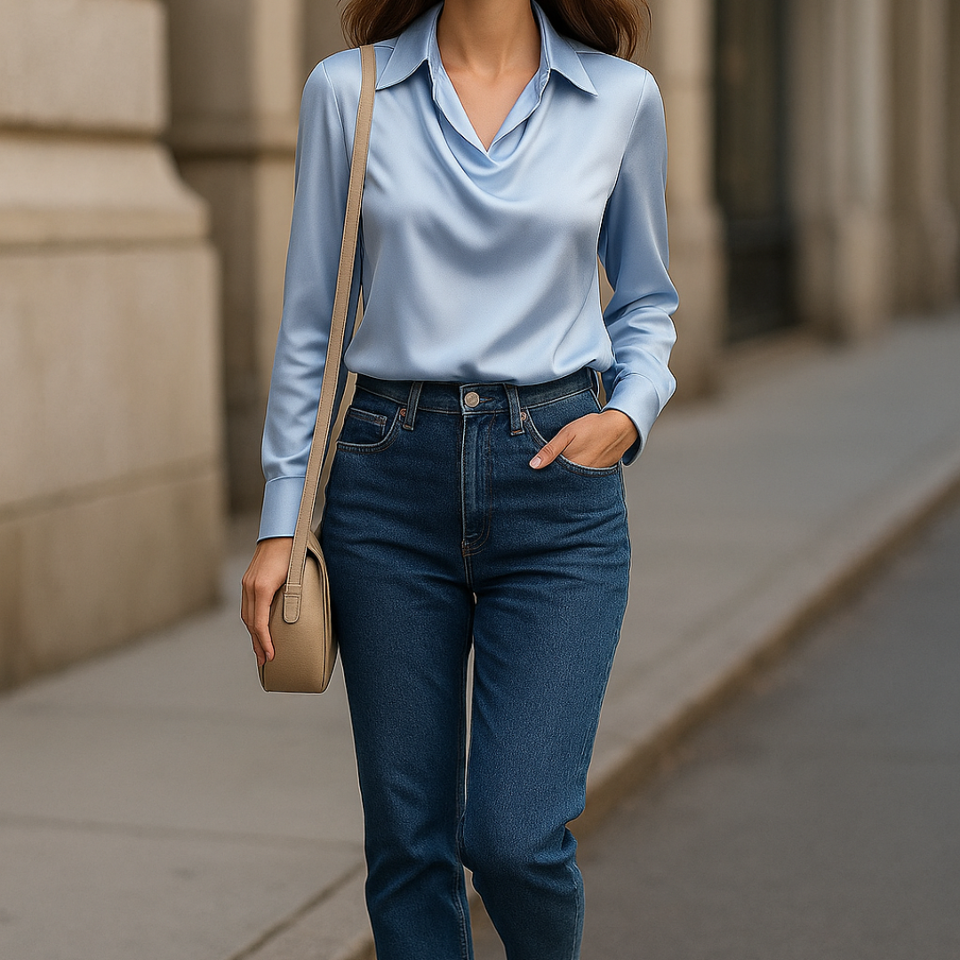 Noelle™ - SHINY BLOUSE WITH PLEATED NECK