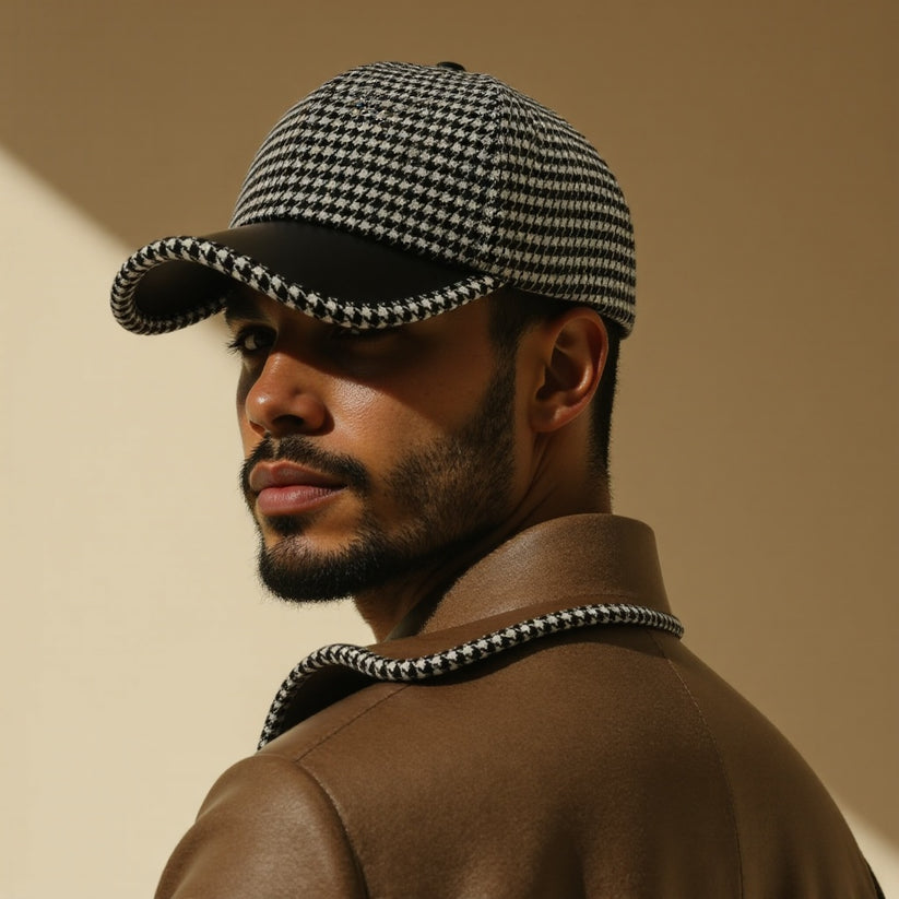 JORGE - HOUNDSTOOTH PATTERNED LEATHER CAP