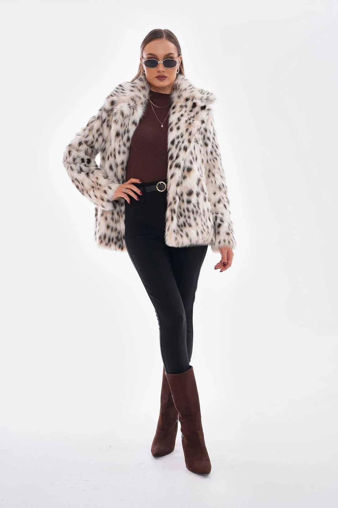 Thea | Snow Leopard Faux Fur Coat – Camel