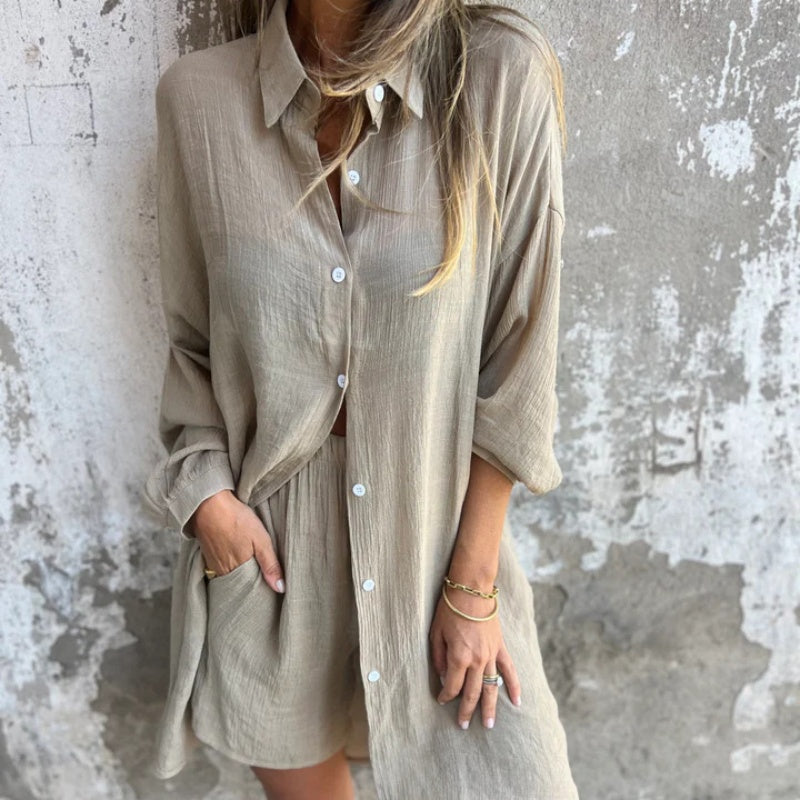 JENNY -  CASUAL LONG SLEEVE SHIRT & SHORTS SET